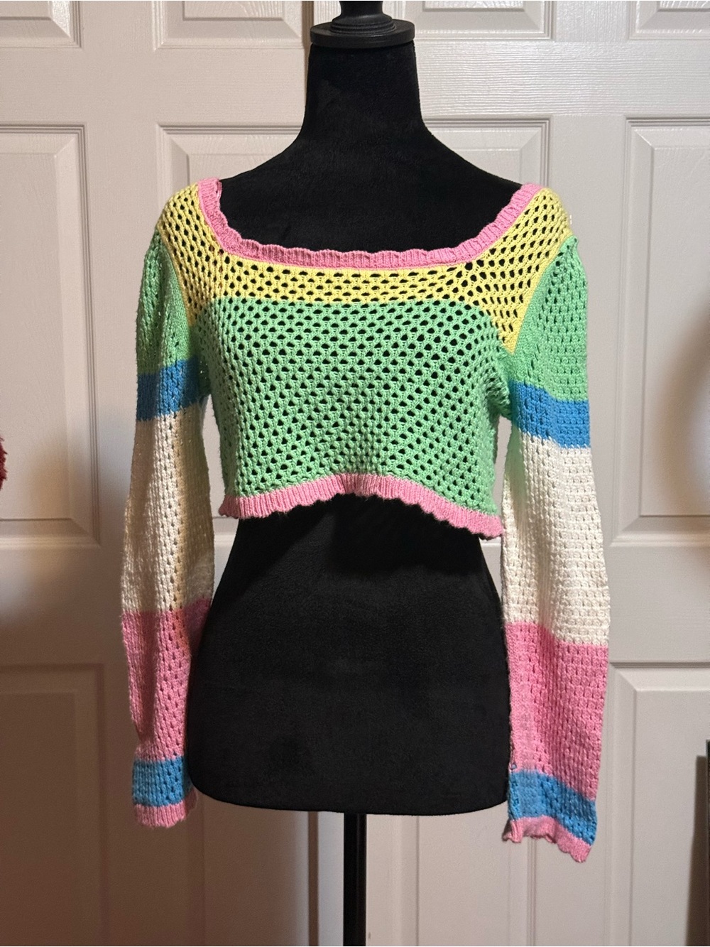 Sincerely Jules Pastel Crochet Stripe Sweater - Pink, Mint, Yellow, Blue, Cream